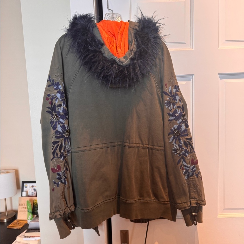 Free People Embroidered Hooded Jacket with Faux Fur Trim